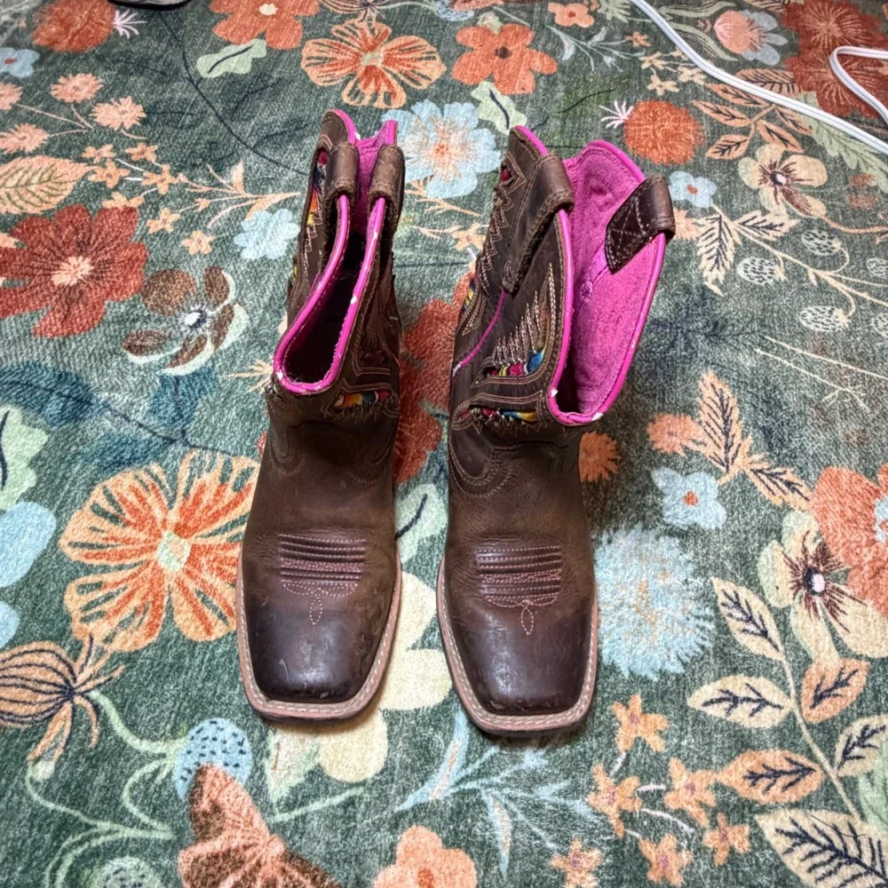 Ariat Kids Wiggle Room Western Boots Brown Leather Serape Pink US 13 10027382